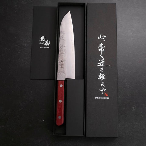 Santoku Silver Steel #3 Nashiji Western Red Handle 180mm (Tsuba-Nashi) (7”)-[Musashi]-[Japanese-Kitchen-Knives]