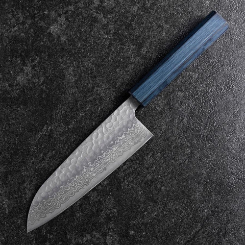Santoku Silver Steel #3 Tsuchime Damascus Dark Blue Urushi Handle 170mm-[Musashi]-[Japanese-Kitchen-Knives]