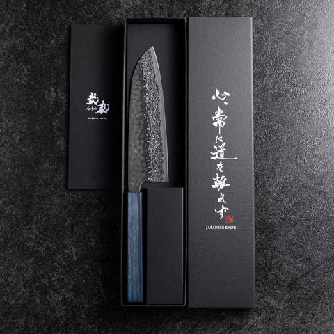 Santoku Silver Steel #3 Tsuchime Damascus Dark Blue Urushi Handle 170mm-[Musashi]-[Japanese-Kitchen-Knives]