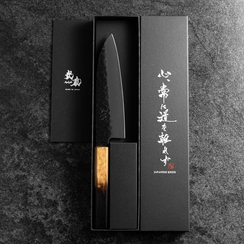 Santoku Stainless Clad AUS-8 Kurouchi Tsuchime Yaki Urushi Handle 170mm-[Musashi]-[Japanese-Kitchen-Knives]