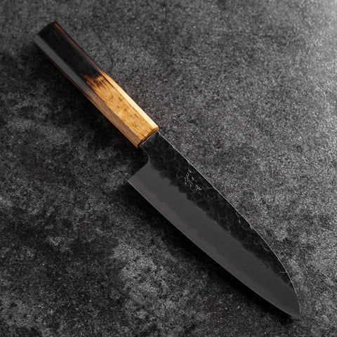 Santoku Stainless Clad AUS-8 Kurouchi Tsuchime Yaki Urushi Handle 170mm-[Musashi]-[Japanese-Kitchen-Knives]