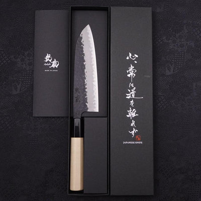 Santoku Stainless Clad Aogami-Super Kurouchi Tsuchime Buffalo Magnolia Handle 165mm-Aogami Super-Kurouchi-Japanese Handle-[Musashi]-[Japanese-Kitchen-Knives]