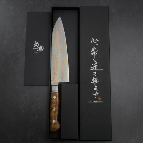 Santoku Stainless Clad Blue Steel #2 Colored Damascus Western Karin Handle 180mm (7”)-[Musashi]-[Japanese-Kitchen-Knives]