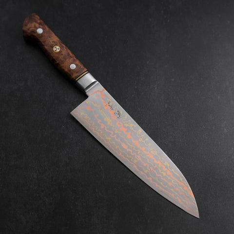 Santoku Stainless Clad Blue Steel #2 Colored Damascus Western Karin Handle 180mm (7”)-[Musashi]-[Japanese-Kitchen-Knives]