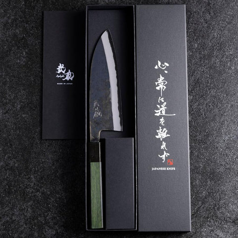 Santoku Stainless Clad Blue Steel #2 Kurouchi Green Urushi Handle 165mm (6.5”)-[Musashi]-[Japanese-Kitchen-Knives]