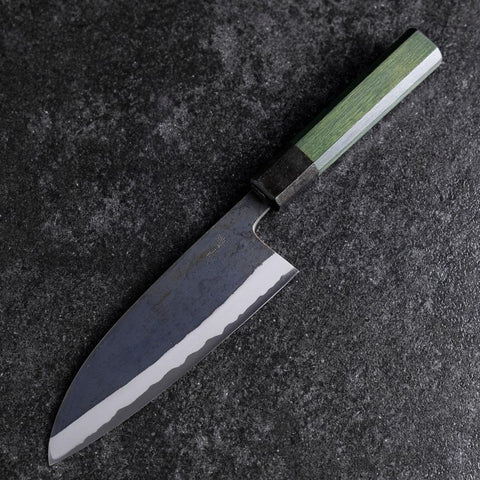 Santoku Stainless Clad Blue Steel #2 Kurouchi Green Urushi Handle 165mm-[Musashi]-[Japanese-Kitchen-Knives]