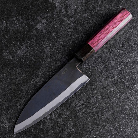Santoku Stainless Clad Blue Steel #2 Kurouchi Purple Urushi Handle 165mm-[Musashi]-[Japanese-Kitchen-Knives]