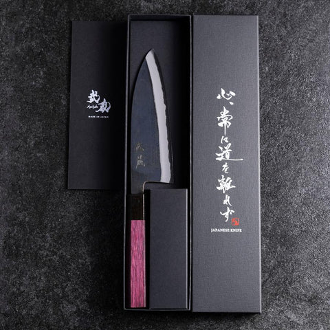 Santoku Stainless Clad Blue Steel #2 Kurouchi Purple Urushi Handle 165mm-[Musashi]-[Japanese-Kitchen-Knives]