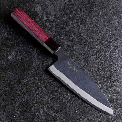 Santoku Stainless Clad Blue Steel #2 Kurouchi Purple Urushi Handle 165mm-[Musashi]-[Japanese-Kitchen-Knives]