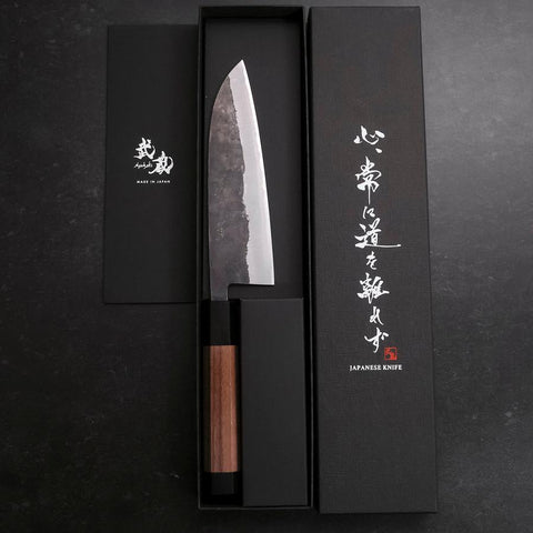 Santoku Stainless Clad Blue Steel #2 Kurouchi Walnut Handle 165mm (6.5”)-[Musashi]-[Japanese-Kitchen-Knives]