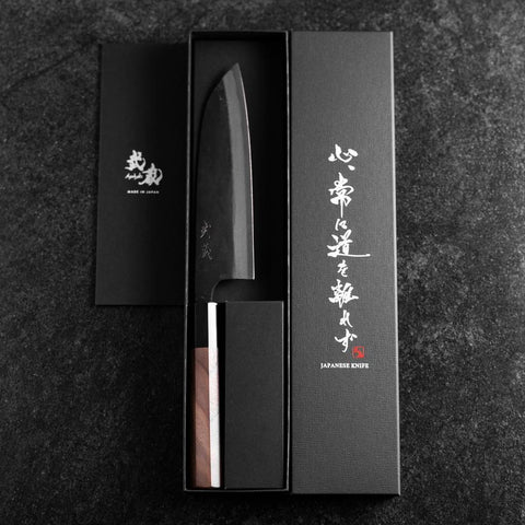 Santoku Stainless Clad Blue Steel #2 Kurouchi Walnut Handle 165mm-[Musashi]-[Japanese-Kitchen-Knives]