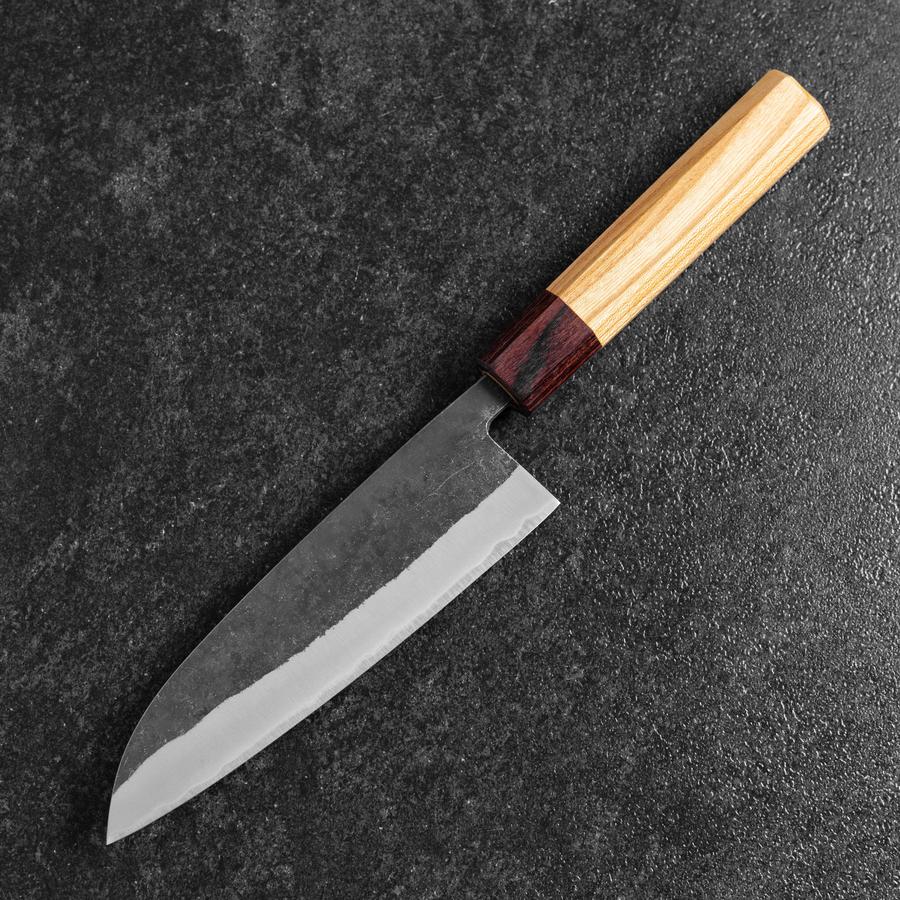 Santoku Stainless Clad Blue Steel #2 Kurouchi Zelkova Handle 165mm-[Musashi]-[Japanese-Kitchen-Knives]