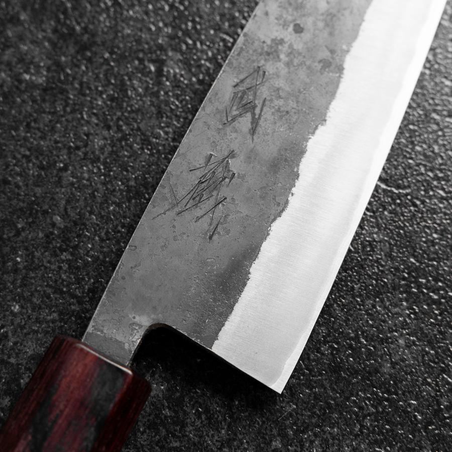 Santoku Stainless Clad Blue Steel #2 Kurouchi Zelkova Handle 165mm-[Musashi]-[Japanese-Kitchen-Knives]