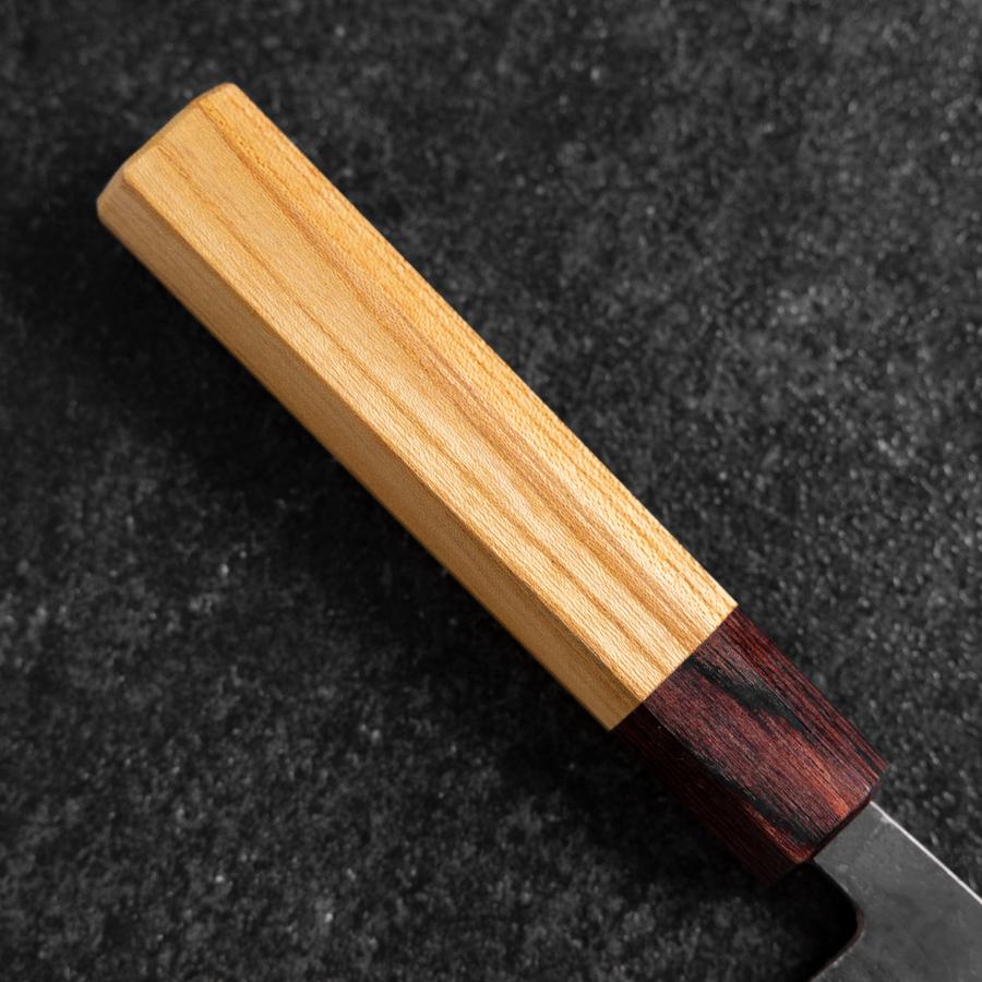 Santoku Stainless Clad Blue Steel #2 Kurouchi Zelkova Handle 165mm-[Musashi]-[Japanese-Kitchen-Knives]