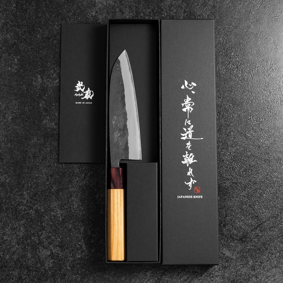 Santoku Stainless Clad Blue Steel #2 Kurouchi Zelkova Handle 165mm-[Musashi]-[Japanese-Kitchen-Knives]
