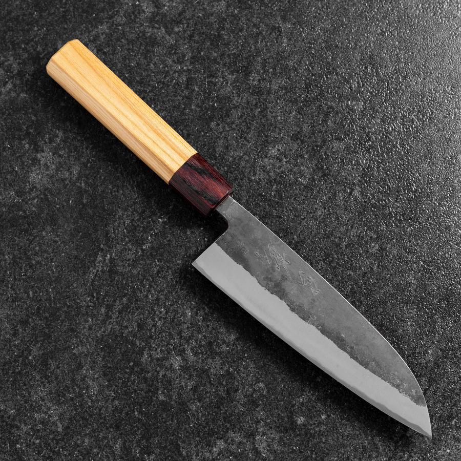 Santoku Stainless Clad Blue Steel #2 Kurouchi Zelkova Handle 165mm-[Musashi]-[Japanese-Kitchen-Knives]