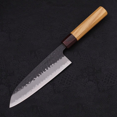 Santoku Stainless Clad Blue Super Kurouchi Tsuchime Zelkova Handle 170mm (6.7”)-[Musashi]-[Japanese-Kitchen-Knives]