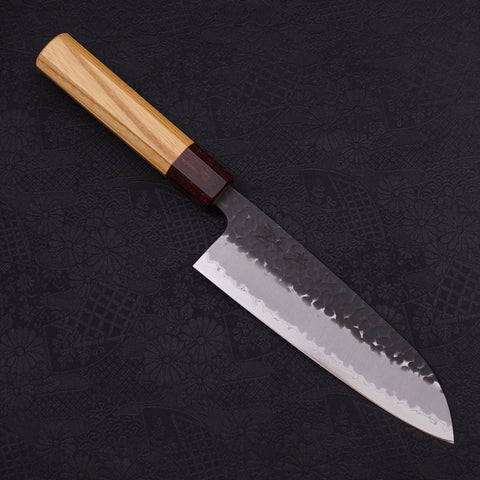 Santoku Stainless Clad Blue Super Kurouchi Tsuchime Zelkova Handle 170mm (6.7”)-[Musashi]-[Japanese-Kitchen-Knives]