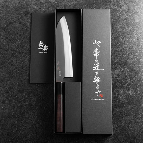 Santoku Stainless Clad Blue Super Polished Buffalo Ebony Handle 180mm (7”)-[Musashi]-[Japanese-Kitchen-Knives]