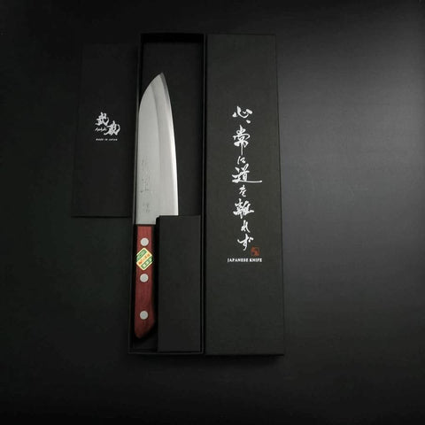Santoku Stainless Clad Blue Super Polished Western Black Red Handle 165mm (Tsuba-nashi)-[Musashi]-[Japanese-Kitchen-Knives]