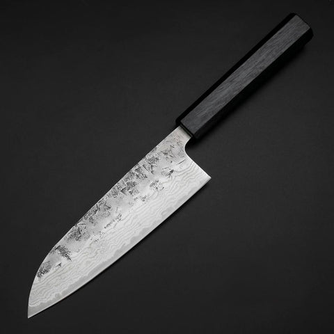 Santoku Sweden Stainless Steel Nashiji Washi Damascus Dark Blue Urushi Handle 165mm-[Musashi]-[Japanese-Kitchen-Knives]