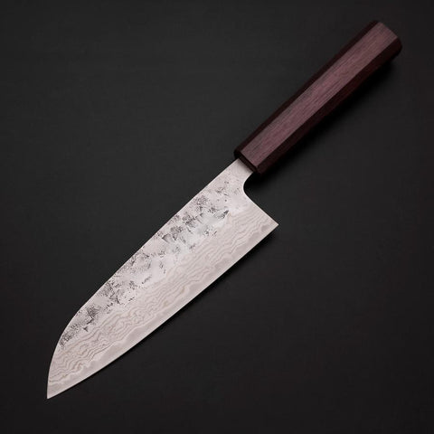 Santoku Sweden Stainless Steel Nashiji Washi Damascus Purple Urushi Handle 165mm (6.5”)-[Musashi]-[Japanese-Kitchen-Knives]