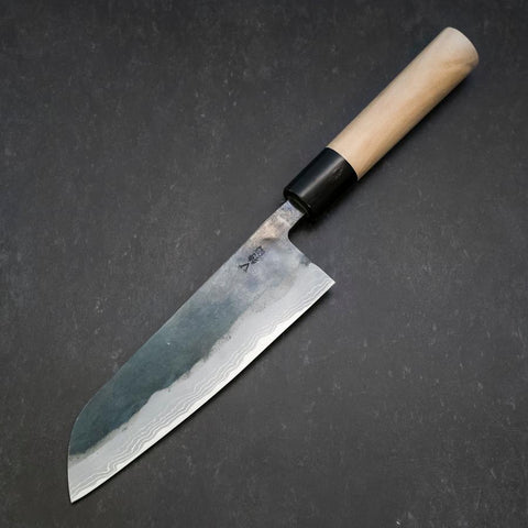 Santoku V-Toku Kurouchi Damascus Buffalo Magnolia Handle 170mm (6.7”)-[Musashi]-[Japanese-Kitchen-Knives]