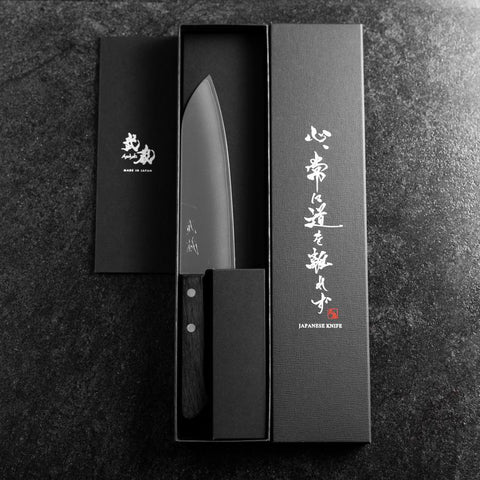 Santoku VG-1 Polished Western Black Handle 165mm（Tsuba-nashi)-[Musashi]-[Japanese-Kitchen-Knives]