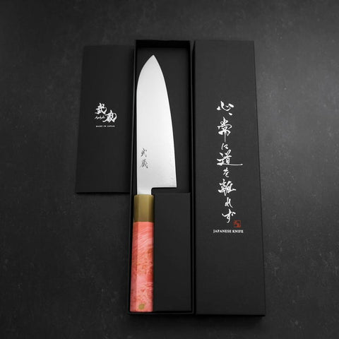 Santoku VG-10 Damascus Buffalo Dark Pink Maple Handle 180mm (7”)-[Musashi]-[Japanese-Kitchen-Knives]