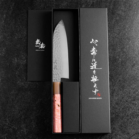 Santoku VG-10 Mirror Tsuchime Damascus Buffalo Dark Pink Maple Handle 170mm (6.7”)-[Musashi]-[Japanese-Kitchen-Knives]