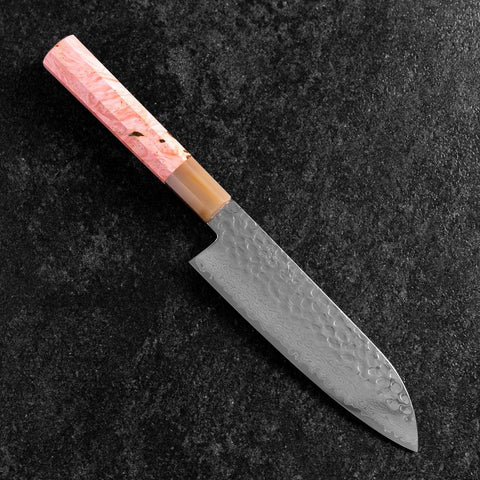 Santoku VG-10 Mirror Tsuchime Damascus Buffalo Dark Pink Maple Handle 170mm-[Musashi]-[Japanese-Kitchen-Knives]