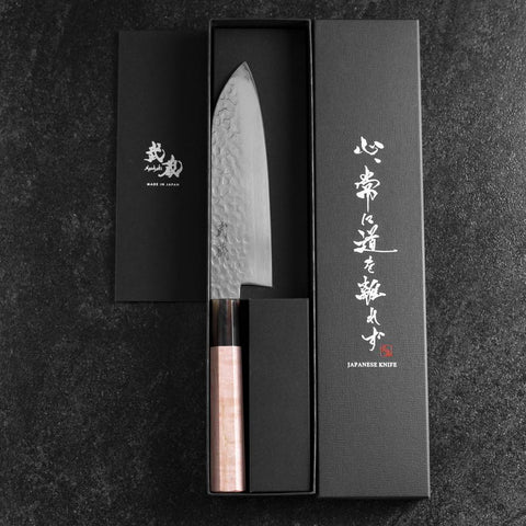 Santoku VG-10 Mirror Tsuchime Damascus Buffalo Light Pink Maple Handle 170mm-[Musashi]-[Japanese-Kitchen-Knives]