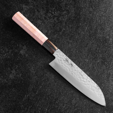 Santoku VG-10 Mirror Tsuchime Damascus Buffalo Light Pink Maple Handle 170mm-[Musashi]-[Japanese-Kitchen-Knives]