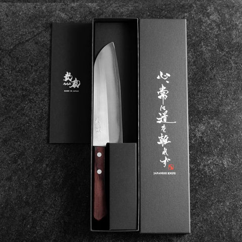 Santoku VG-5 Polished Western Brown Handle 170mm (Tsuba Nashi)-[Musashi]-[Japanese-Kitchen-Knives]