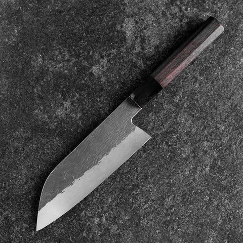 Santoku White Steel #1 Kurouchi Tsuchime Buffalo Ebony Handle 170mm (6.7”)-[Musashi]-[Japanese-Kitchen-Knives]
