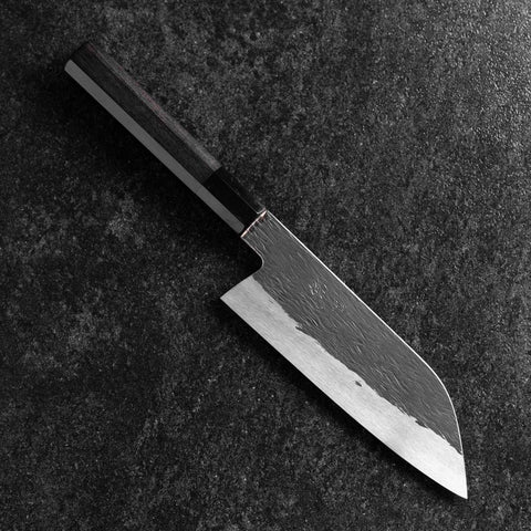 Santoku White Steel #1 Kurouchi Tsuchime Buffalo Ebony Handle 170mm (6.7”)-[Musashi]-[Japanese-Kitchen-Knives]