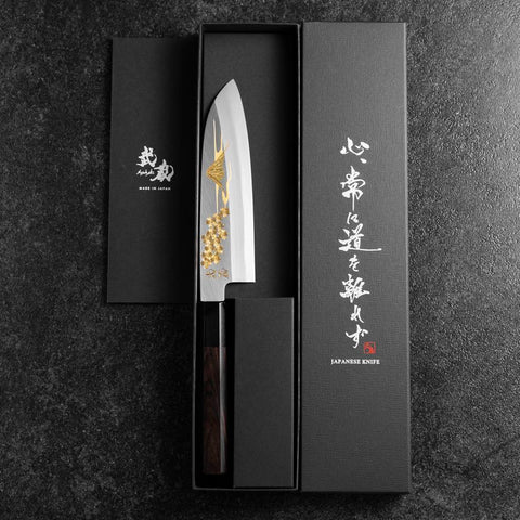 Santoku White Steel #2 Kasumi Single Bevel Chokin Sakura-Fuji Buffalo Ebony Handle 155mm-[Musashi]-[Japanese-Kitchen-Knives]