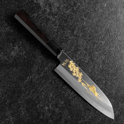 Santoku White Steel #2 Kasumi Single Bevel Chokin Sakura-Fuji Buffalo Ebony Handle 155mm-[Musashi]-[Japanese-Kitchen-Knives]
