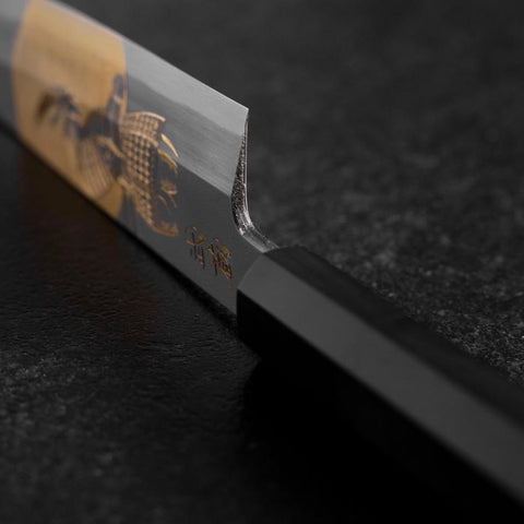 Santoku White Steel #2 Kasumi Single Bevel Chokin Samurai Full Moon Buffalo Ebony Handle 155mm (6.1”)-[Musashi]-[Japanese-Kitchen-Knives]
