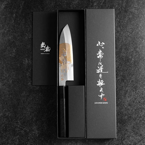 Santoku White Steel #2 Kasumi Single Bevel Chokin Samurai Full Moon Buffalo Ebony Handle 155mm (6.1”)-[Musashi]-[Japanese-Kitchen-Knives]