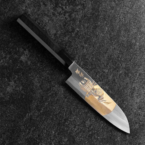 Santoku White Steel #2 Kasumi Single Bevel Chokin Samurai Full Moon Buffalo Ebony Handle 155mm (6.1”)-[Musashi]-[Japanese-Kitchen-Knives]