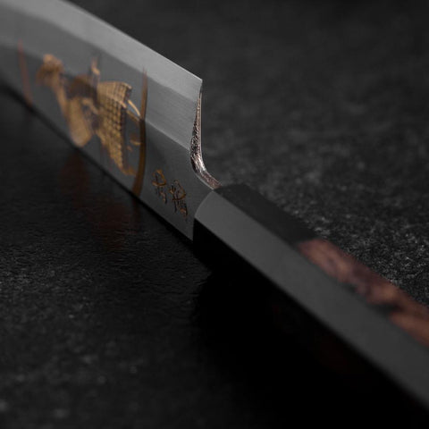 Santoku White Steel #2 Kasumi Single Bevel Chokin Samurai New Moon Buffalo Ebony Handle 155mm (6.1”)-[Musashi]-[Japanese-Kitchen-Knives]