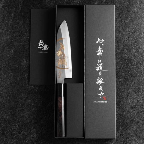 Santoku White Steel #2 Kasumi Single Bevel Chokin Samurai New Moon Buffalo Ebony Handle 155mm (6.1”)-[Musashi]-[Japanese-Kitchen-Knives]