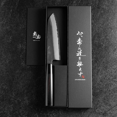 Santoku White Steel #2 Kurouchi Buffalo Ebony Handle 170mm-[Musashi]-[Japanese-Kitchen-Knives]