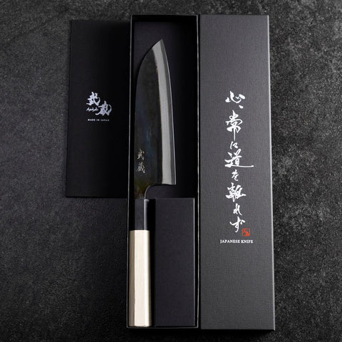 Santoku White Steel #2 Kurouchi Buffalo Magnolia Handle 165mm-[Musashi]-[Japanese-Kitchen-Knives]