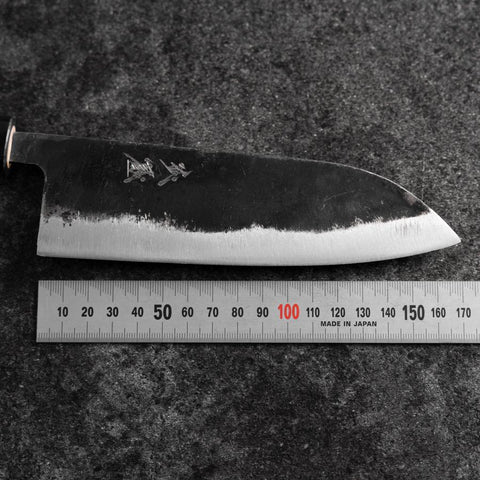 Santoku White Steel #2 Kurouchi Buffalo Magnolia Round Handle 165mm (6.5”)-[Musashi]-[Japanese-Kitchen-Knives]