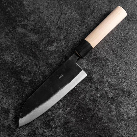 Santoku White Steel #2 Kurouchi Buffalo Magnolia Round Handle 165mm-[Musashi]-[Japanese-Kitchen-Knives]