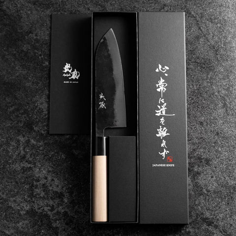 Santoku White Steel #2 Kurouchi Buffalo Magnolia Round Handle 165mm-[Musashi]-[Japanese-Kitchen-Knives]