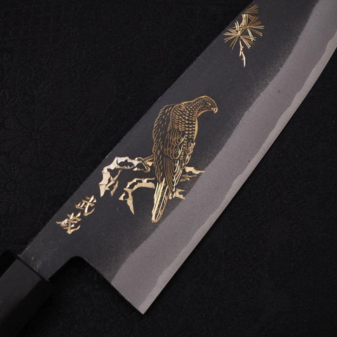 Santoku White Steel #2 Kurouchi Chokin Eagle Buffalo Ebony Handle 170mm (6.7”)-[Musashi]-[Japanese-Kitchen-Knives]