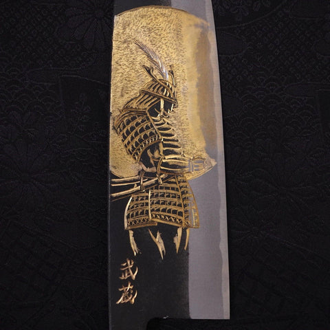 Santoku White Steel #2 Kurouchi Chokin Samurai Full Moon Buffalo Ebony Handle 170mm (6.7”)-[Musashi]-[Japanese-Kitchen-Knives]